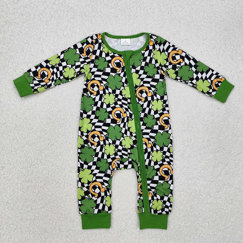 Infant St Patrick Day Quatrefoil Zip Rompers