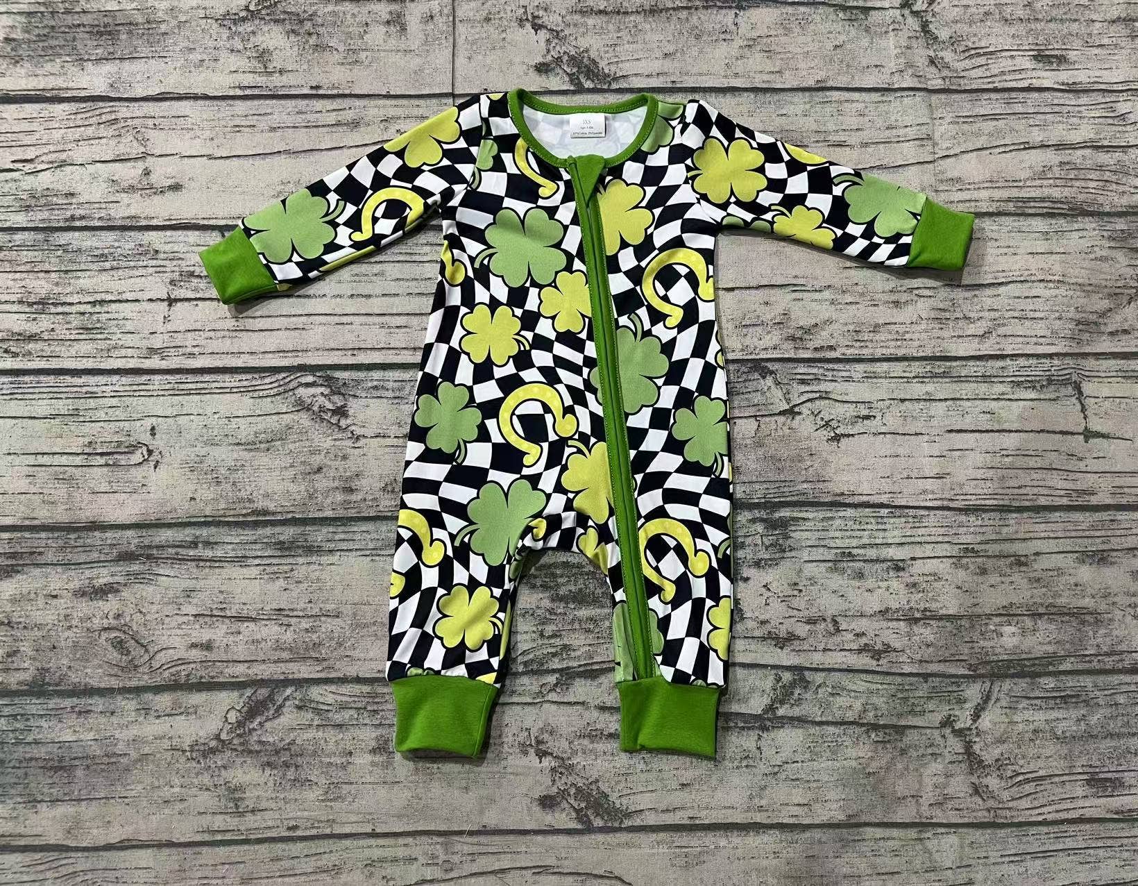 Infant St Patrick Day Quatrefoil Zip Rompers