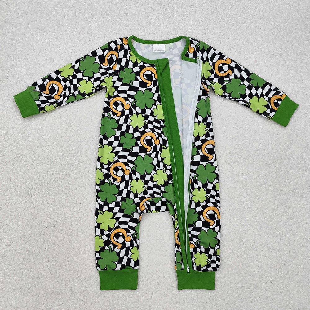 Infant St Patrick Day Quatrefoil Zip Rompers