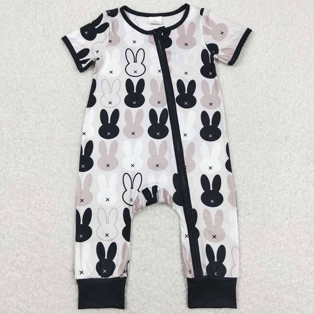 Easter Black & White Rabbits Zip Romper