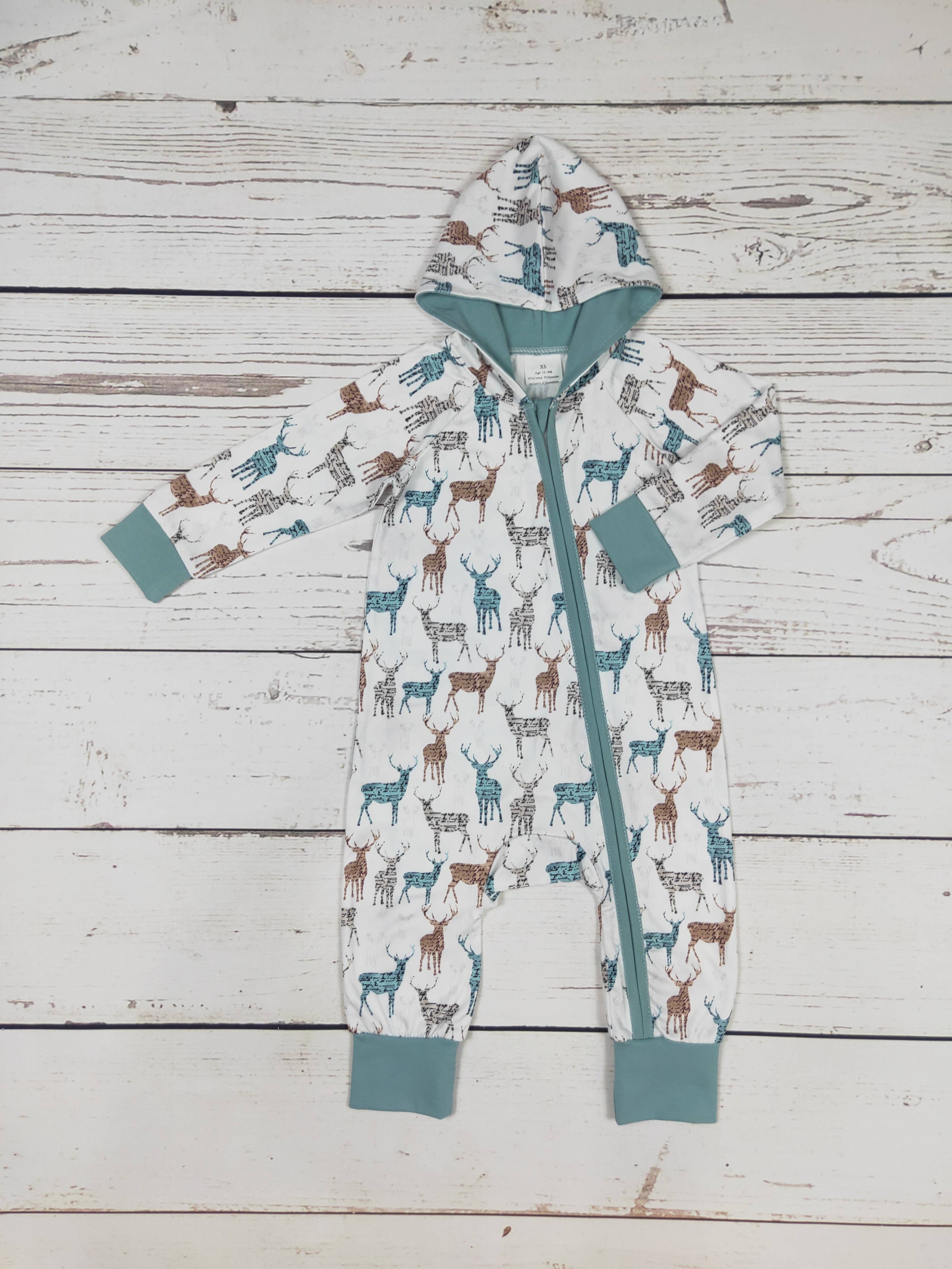 Blue Deer Print Zip Romper