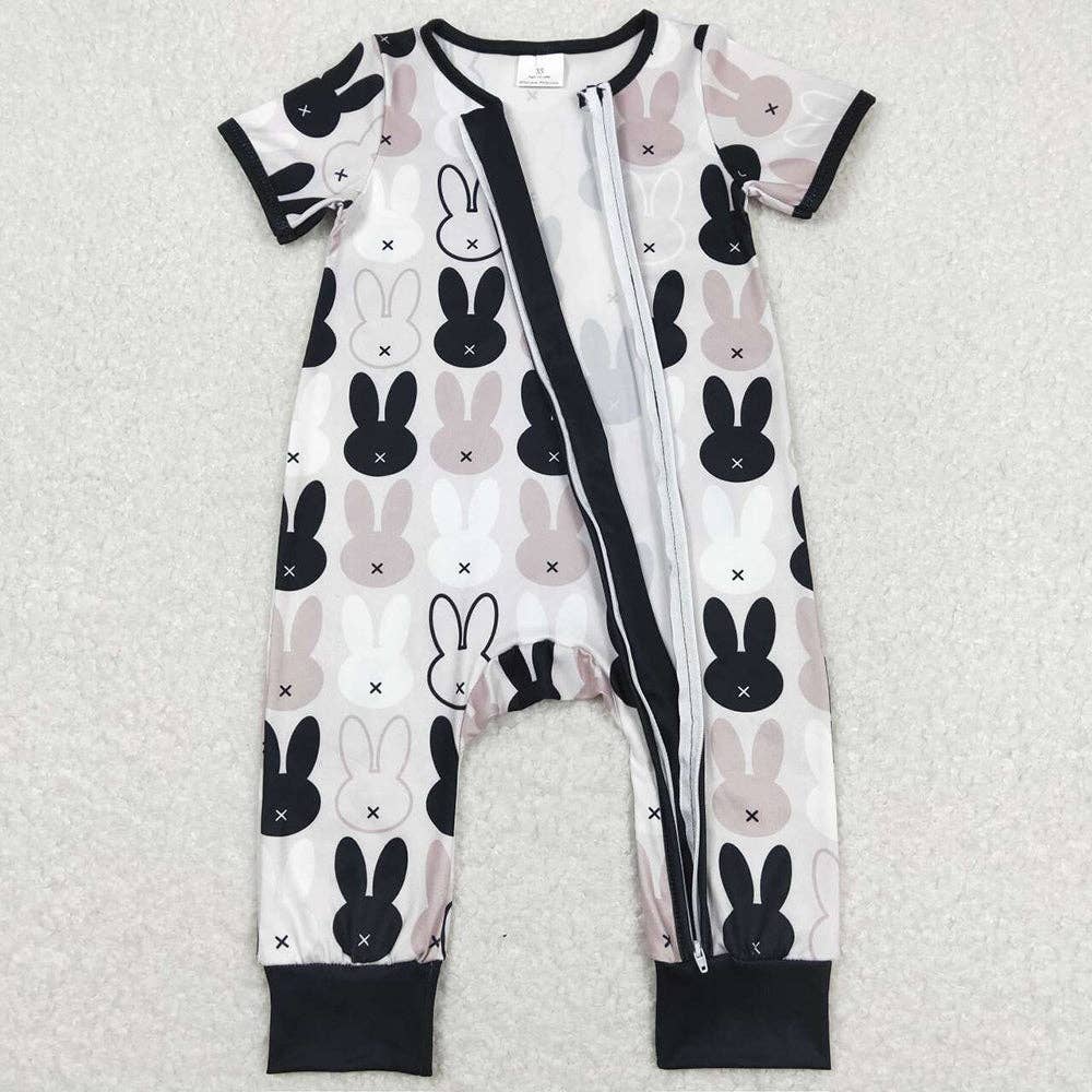 Easter Black & White Rabbits Zip Romper